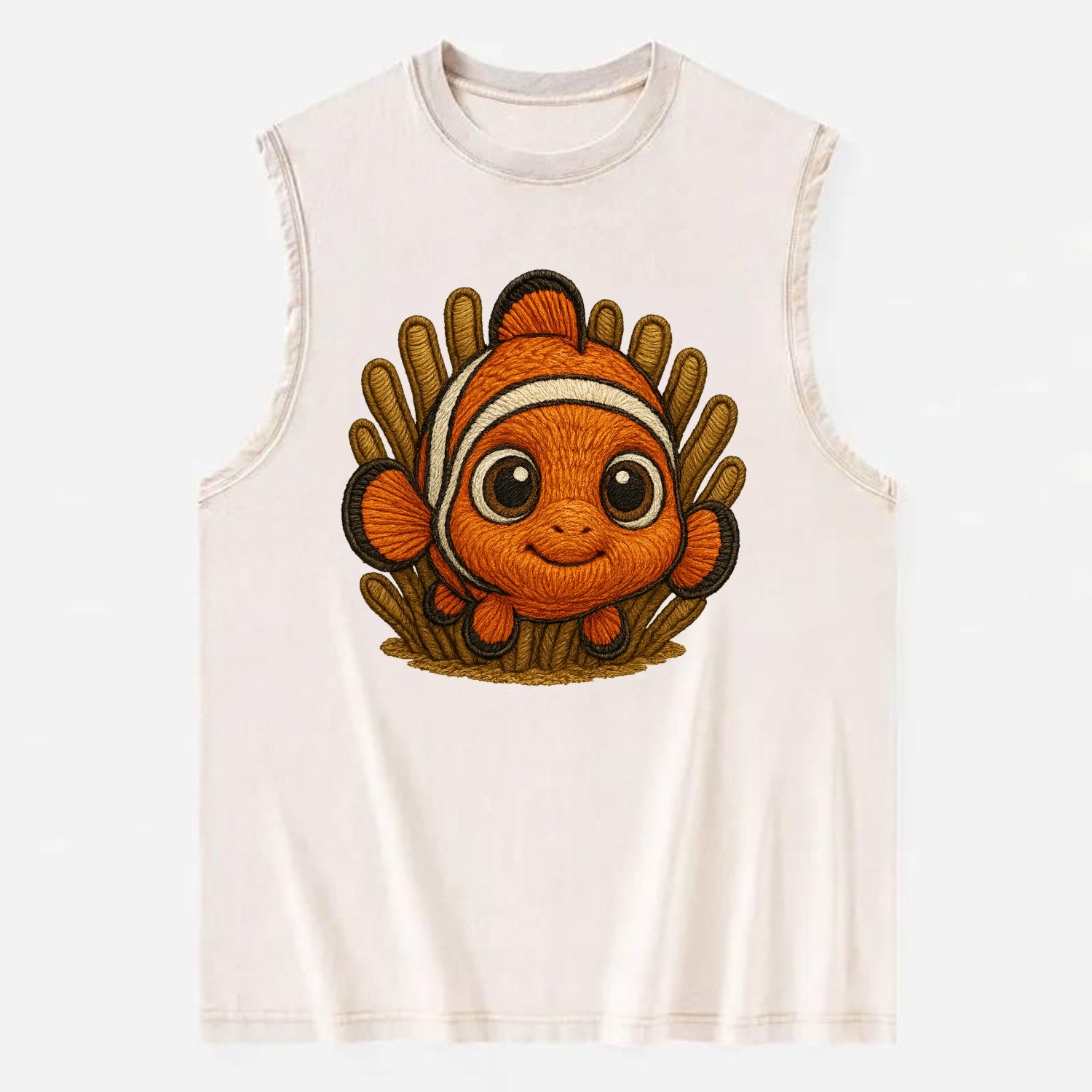 Baby Clownfish - orange with white stripes, big round eyes, front-facing in - Vintage Washed Tank - Beige