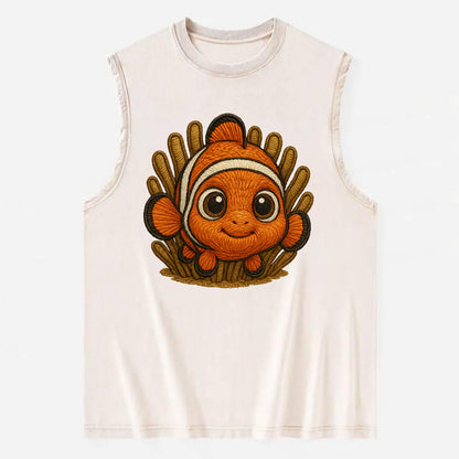 Baby Clownfish - orange with white stripes, big round eyes, front-facing in - Vintage Washed Tank - Beige