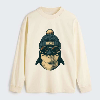 Washington Orca wearing Seattle beanie with pom pom and wayfarer - Classic Long Sleeve Shirt - Beige