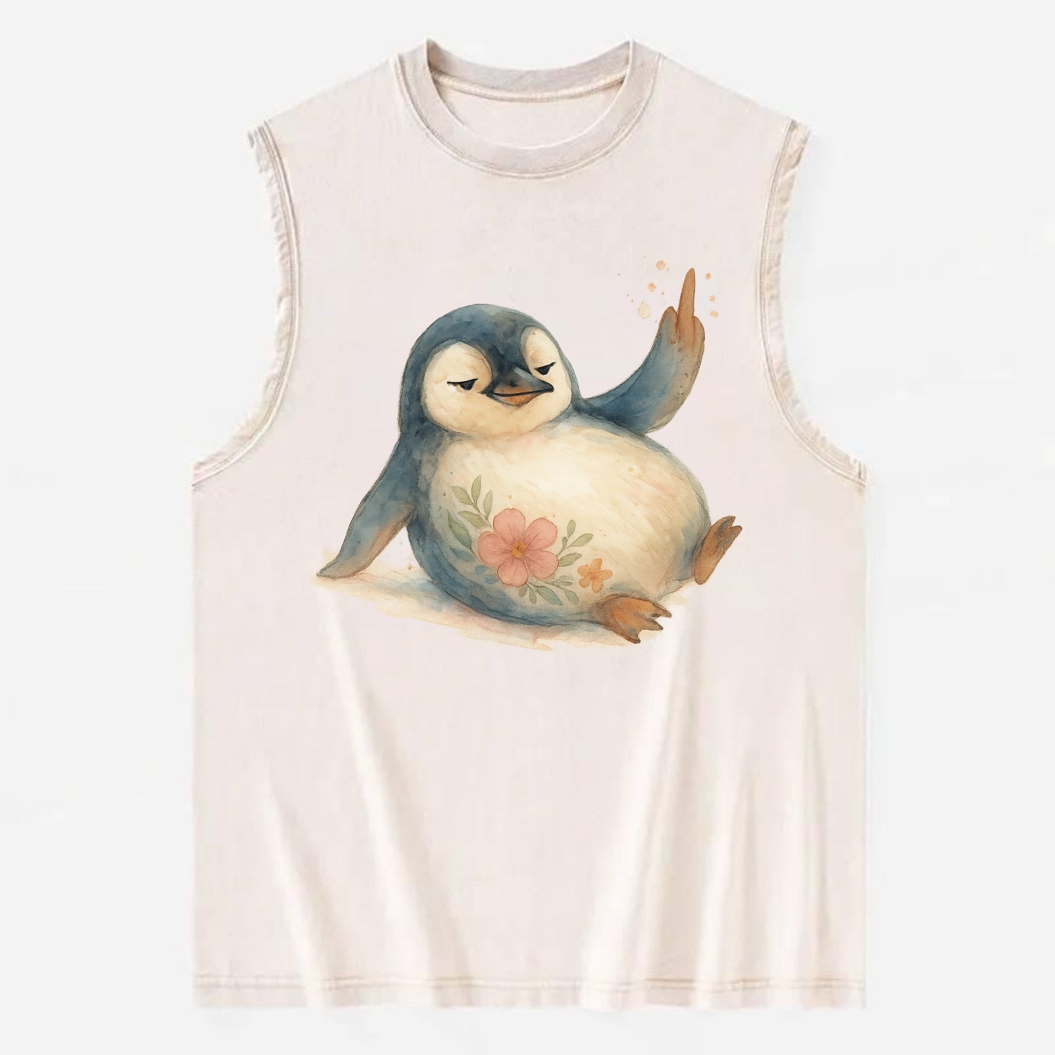 chubby penguin sliding on belly, one flipper up giving attitude - Vintage Washed Tank - Beige