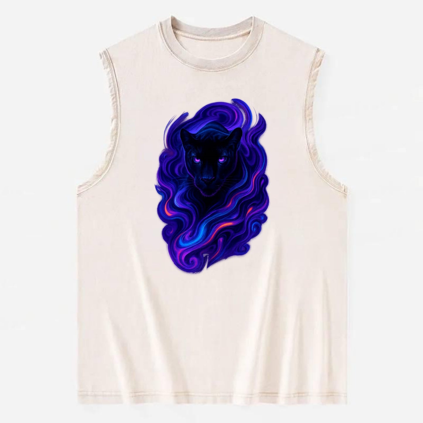 Sleek black panther emerging from swirls of deep purple and electric blue, - Vintage Washed Tank - Beige