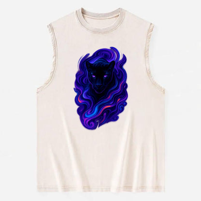 Sleek black panther emerging from swirls of deep purple and electric blue, - Vintage Washed Tank - Beige