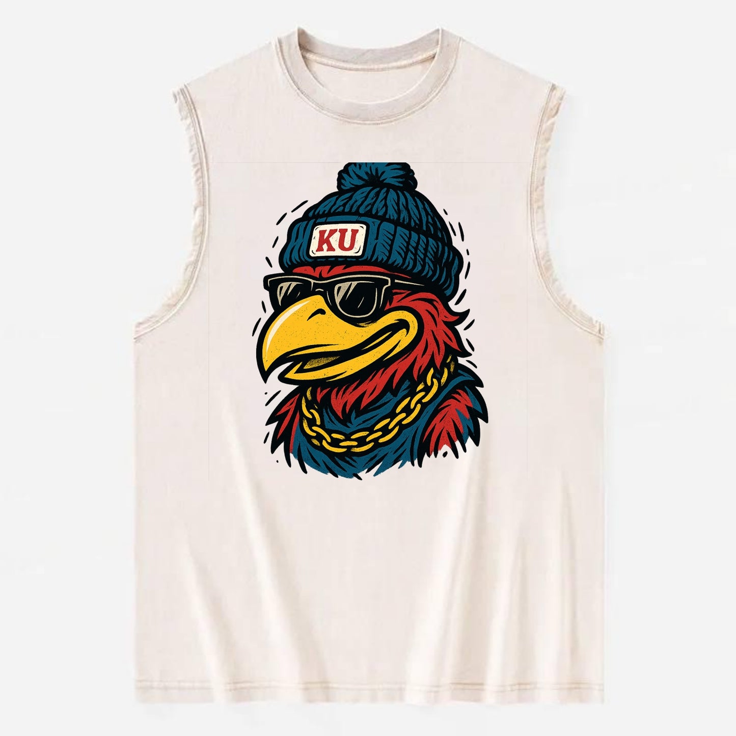 Lawrence Jayhawk wearing Kansas beanie with KU patch - Vintage Washed Tank - Beige