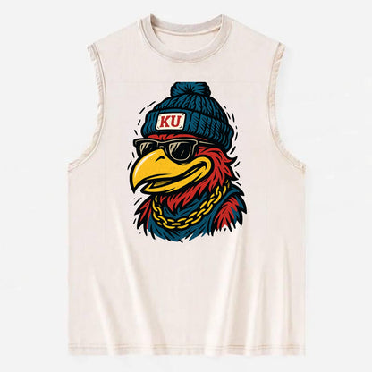 Lawrence Jayhawk wearing Kansas beanie with KU patch - Vintage Washed Tank - Beige