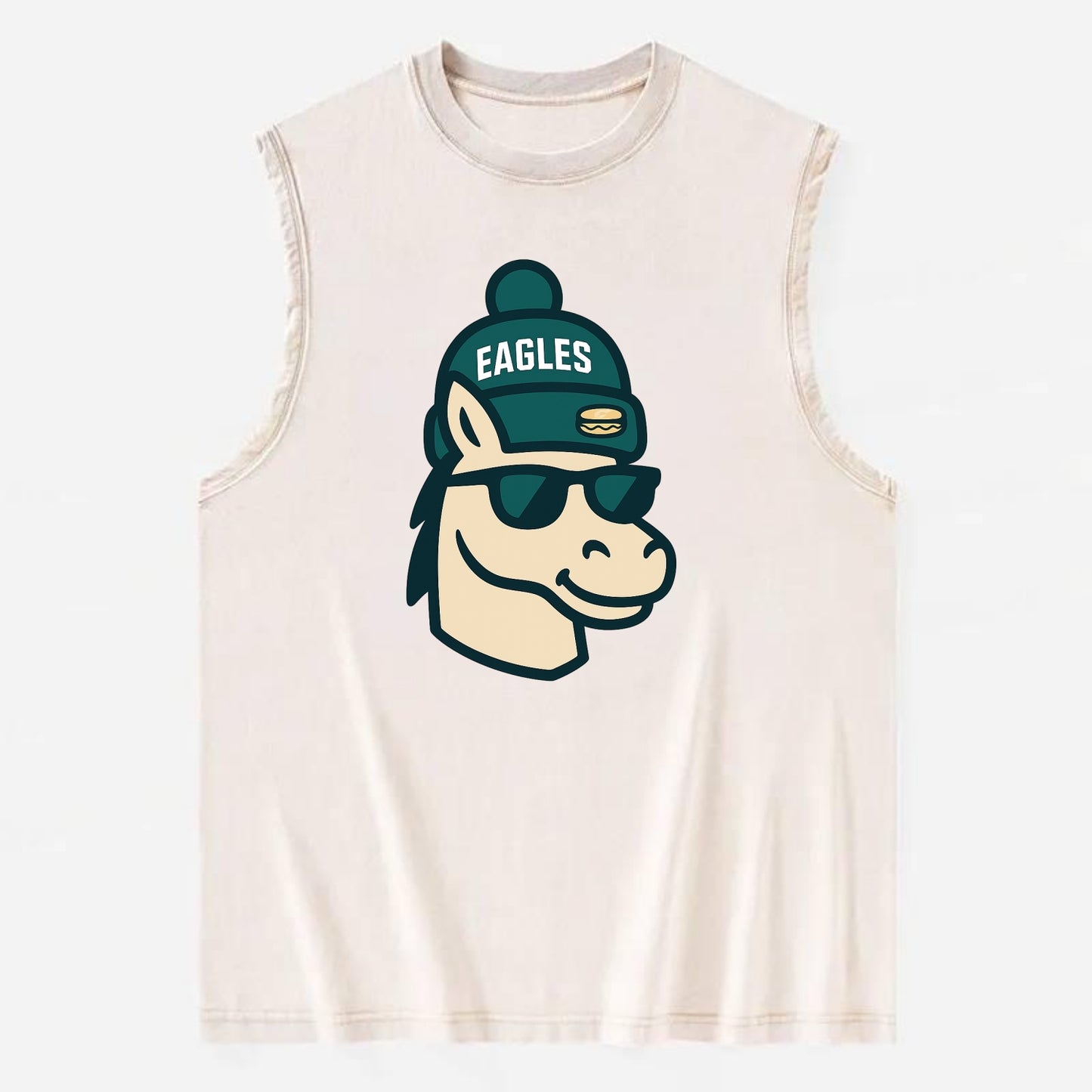 Philadelphia Horse wearing Eagles beanie with cheesesteak patch and wayfarer - Vintage Washed Tank - Beige