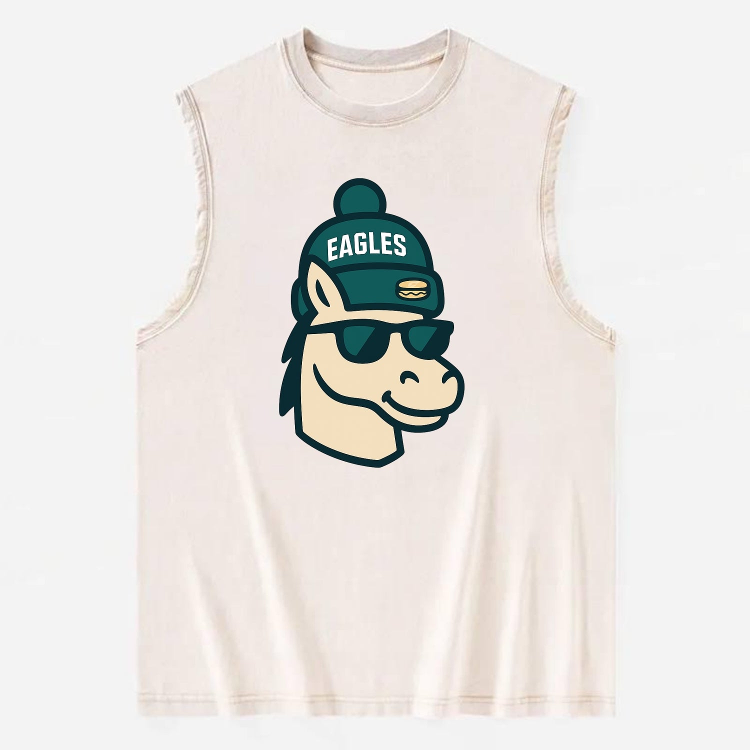 Philadelphia Horse wearing Eagles beanie with cheesesteak patch and wayfarer - Vintage Washed Tank - Beige