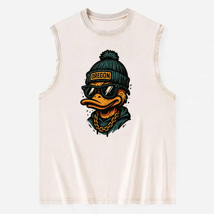 Eugene Duck wearing Oregon beanie with p - Vintage Washed Tank - Beige