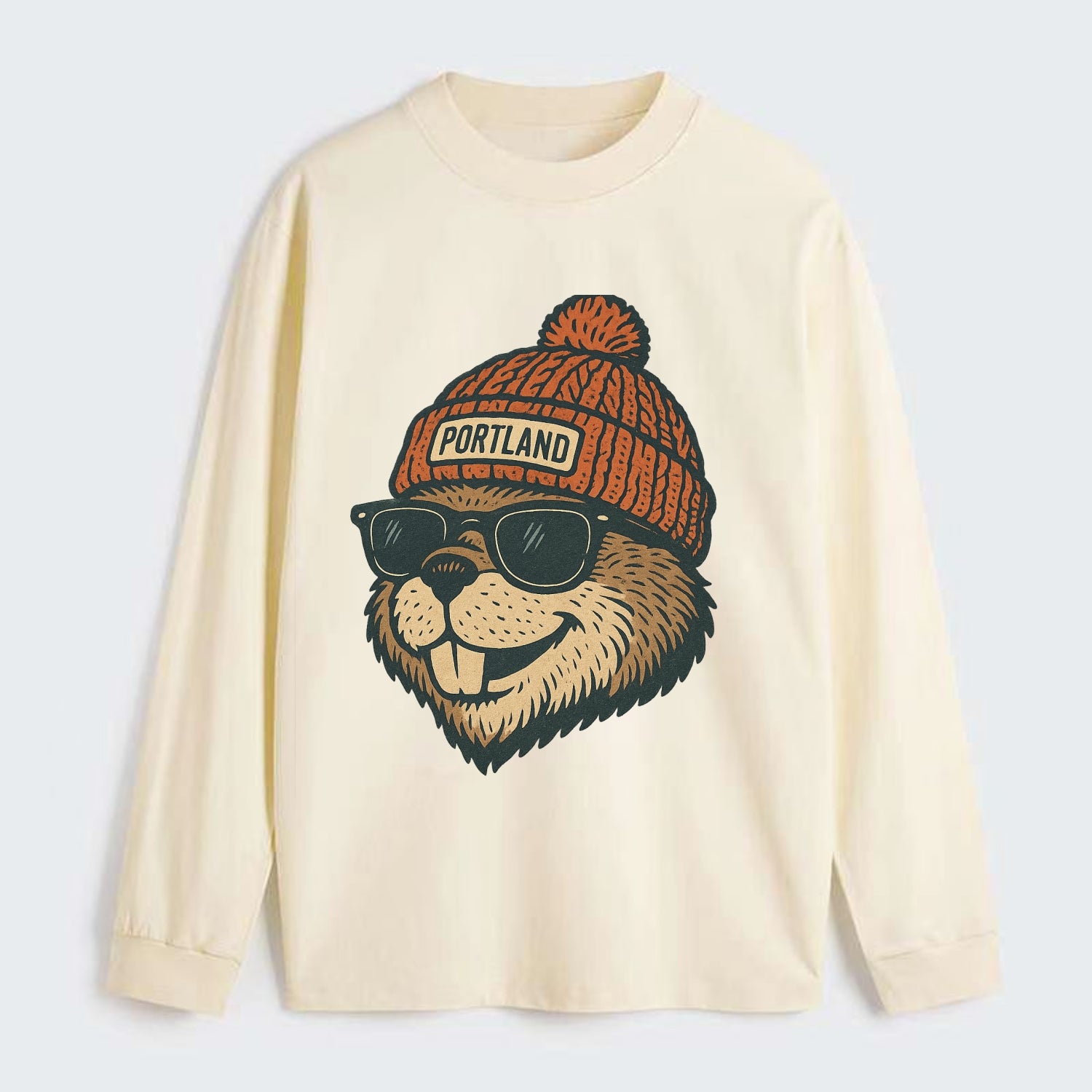 Oregon Beaver wearing Portland beanie with pom pom and wayfarer - Classic Long Sleeve Shirt - Beige