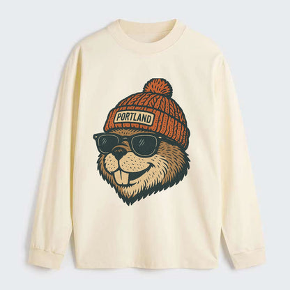 Oregon Beaver wearing Portland beanie with pom pom and wayfarer - Classic Long Sleeve Shirt - Beige