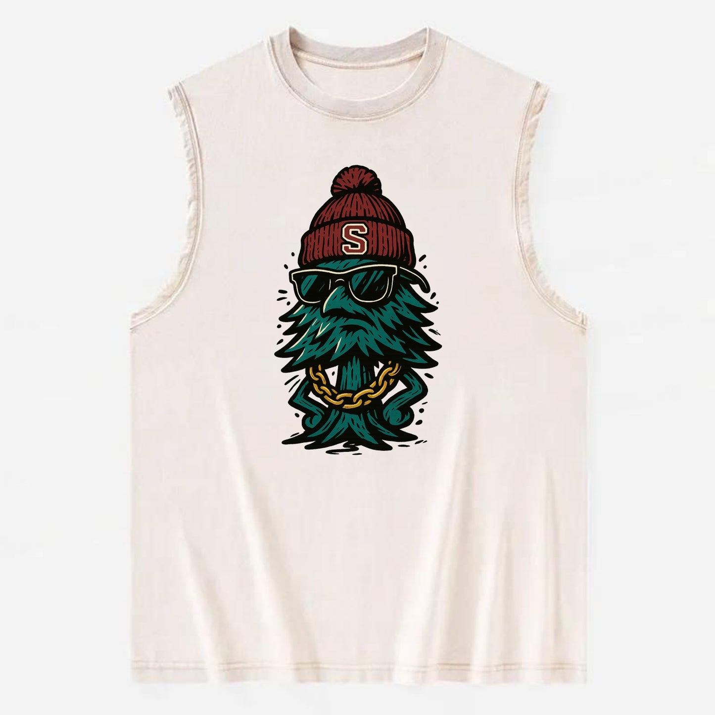 Palo Alto Tree wearing Stanford beanie with S patch - Vintage Washed Tank - Beige