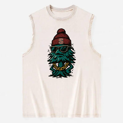 Palo Alto Tree wearing Stanford beanie with S patch - Vintage Washed Tank - Beige