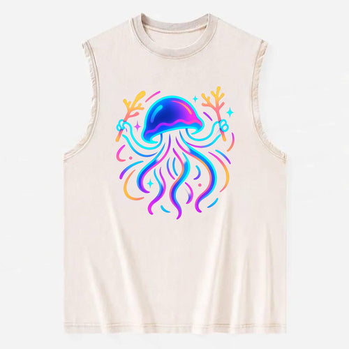 Jellyfish conducting a glow orchestra using coral batons in deep ocean - Vintage Washed Tank