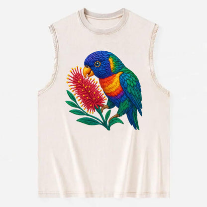 Rainbow Lorikeet Bottlebrush - Vintage Washed Tank - Beige