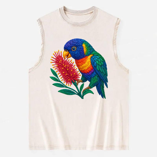 Rainbow Lorikeet Bottlebrush - Vintage Washed Tank - Beige