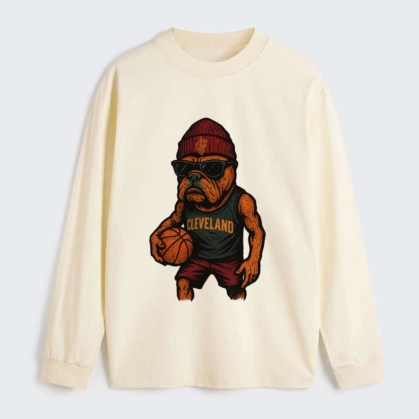 Cleveland Bulldog wearing Cavaliers wine and gold beanie with sword - Classic Long Sleeve Shirt - Beige