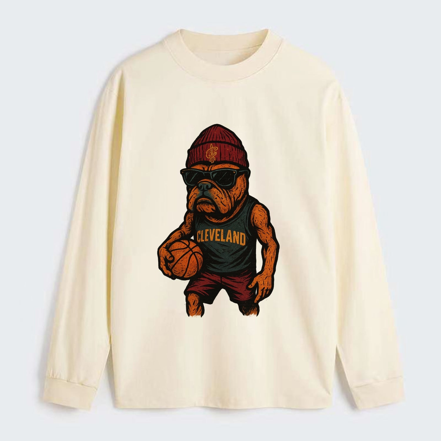 Cleveland Bulldog wearing Cavaliers wine and gold beanie with sword - Classic Long Sleeve Shirt - Beige