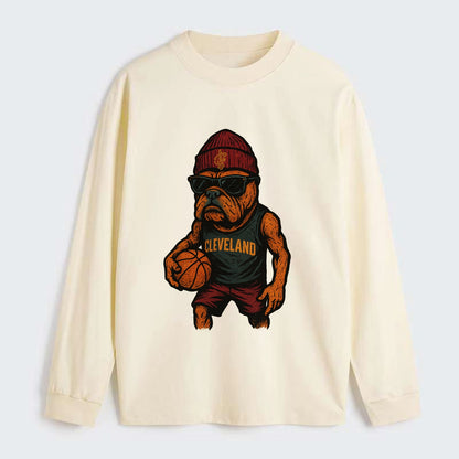 Cleveland Bulldog wearing Cavaliers wine and gold beanie with sword - Classic Long Sleeve Shirt - Beige