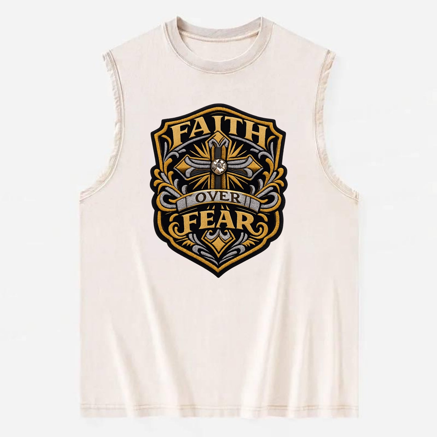 FAITH OVER FEAR - cross with text in gold , spiritual strength - Vintage Washed Tank - Beige