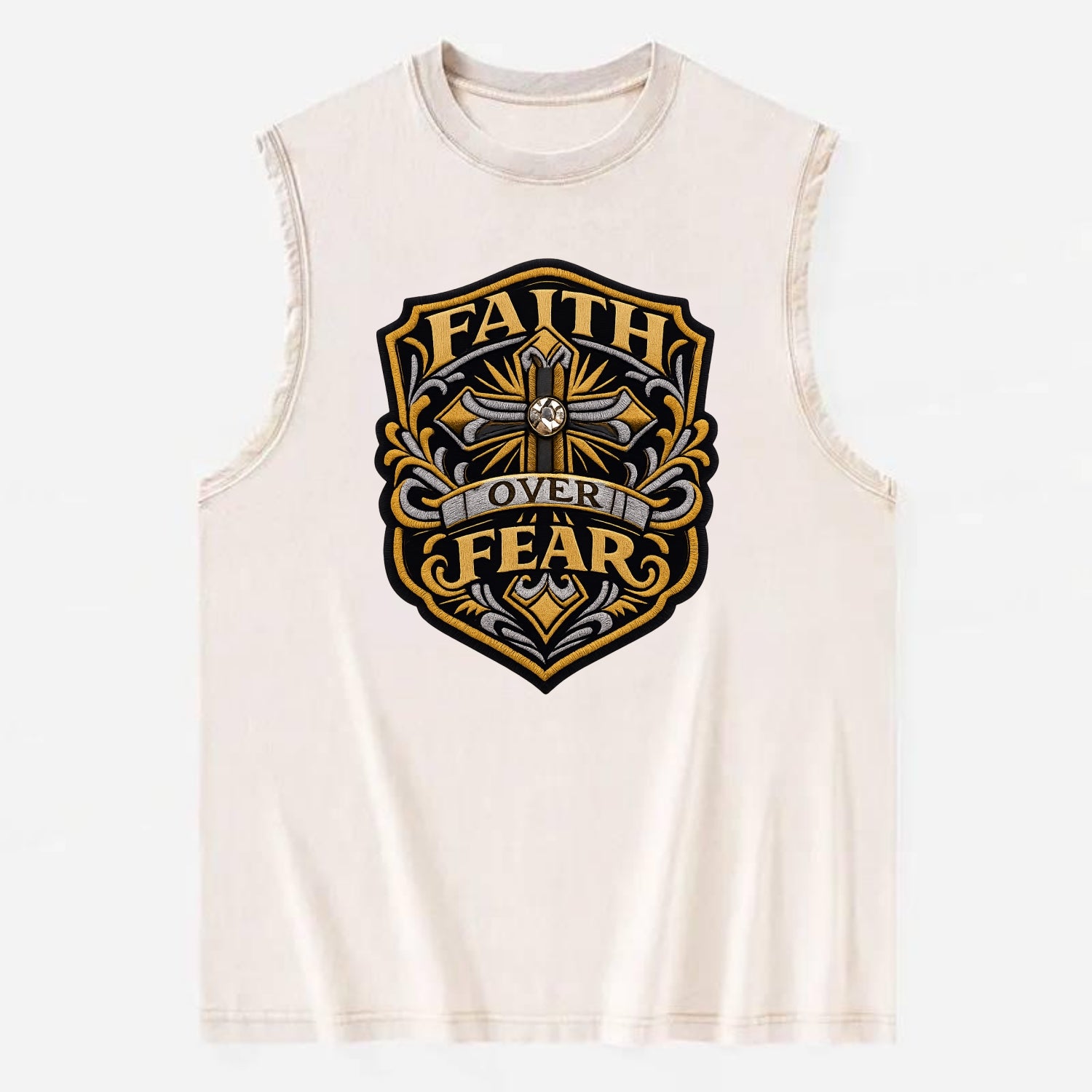 FAITH OVER FEAR - cross with text in gold , spiritual strength - Vintage Washed Tank - Beige