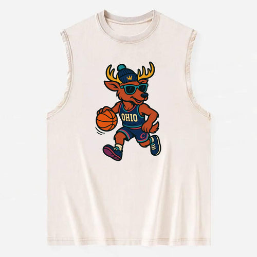 Ohio Deer wearing Cavs beanie with crown patch and wayfarer sunglasses - Vintage Washed Tank