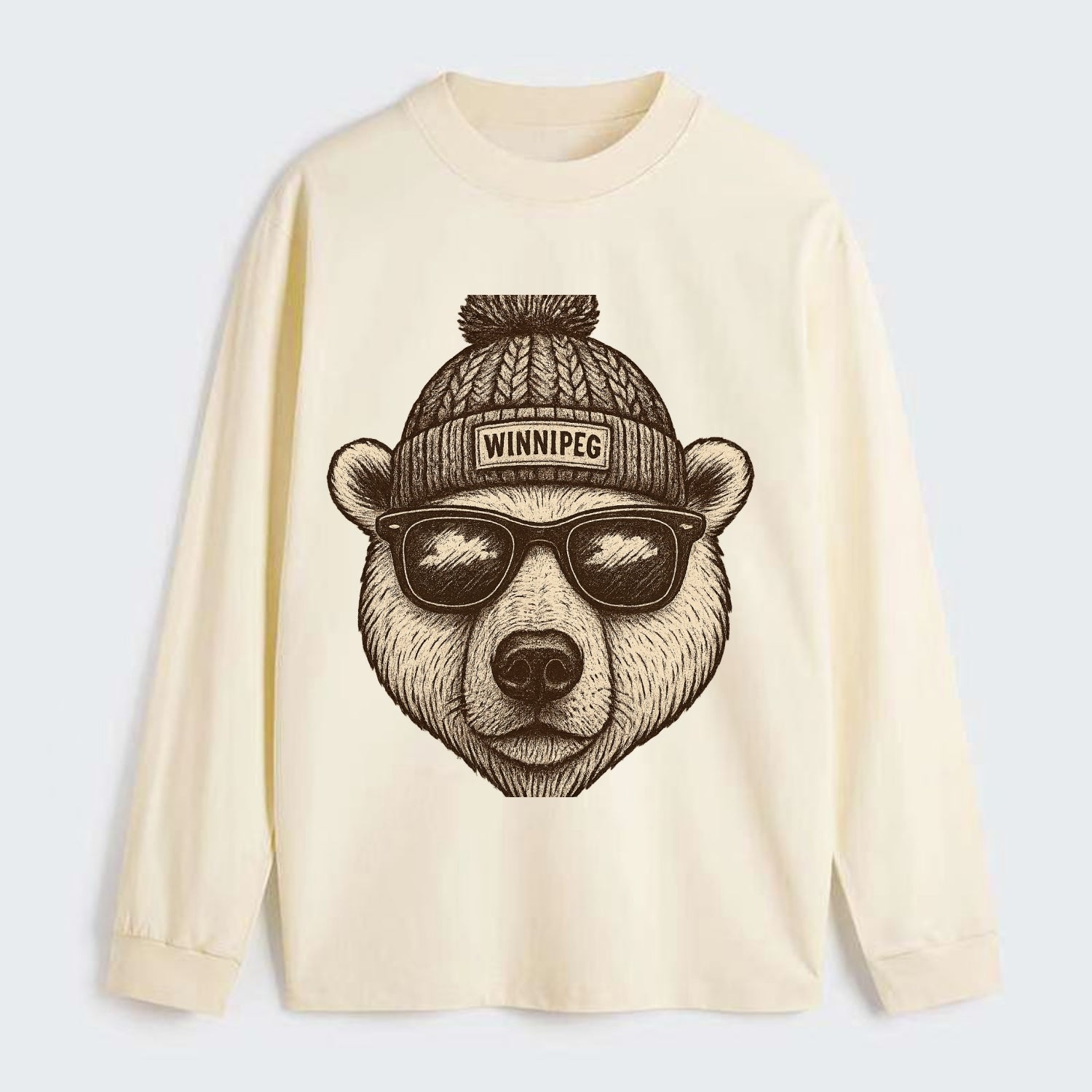 Winnipeg Polar Bear wearing Winnipeg beanie with pom pom and wayfarer - Classic Long Sleeve Shirt - Beige