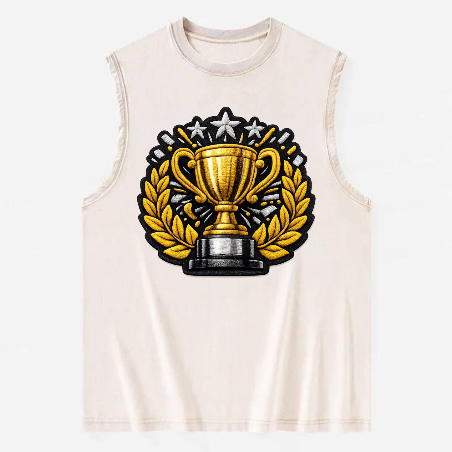 Embroidered patch design - CHAMPIONSHIP TROPHY - golden trophy cup with - Vintage Washed Tank - Beige