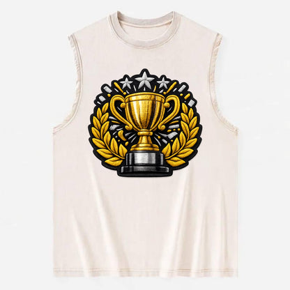 Embroidered patch design - CHAMPIONSHIP TROPHY - golden trophy cup with - Vintage Washed Tank - Beige