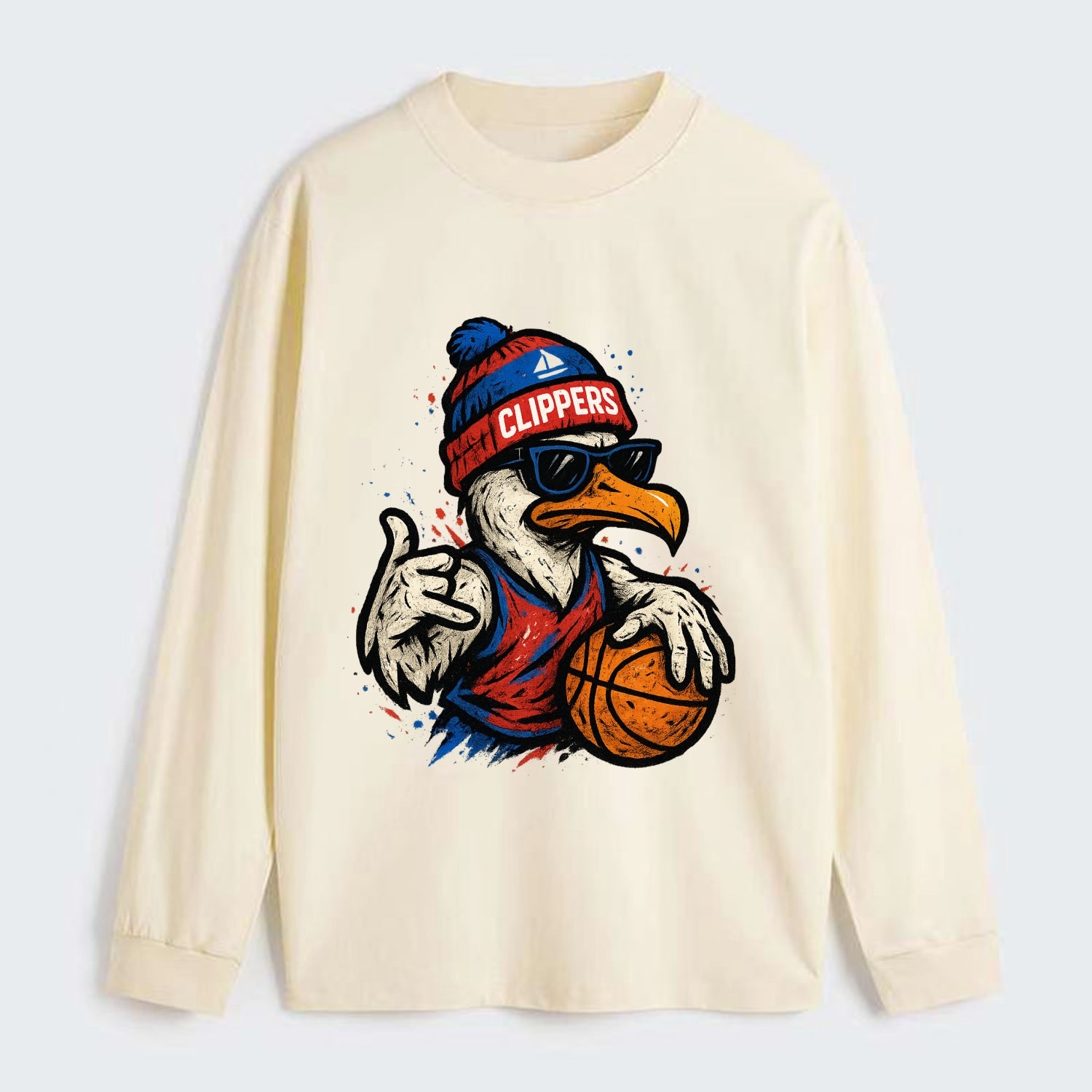 LA Seagull wearing Clippers red white and blue beanie with ship patch - Classic Long Sleeve Shirt - Beige