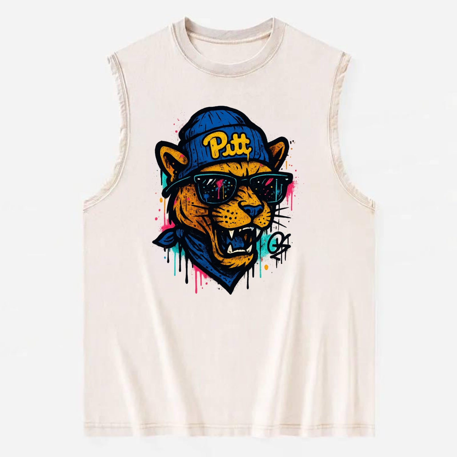 Pittsburgh Panther wearing Pitt beanie with script patch - Vintage Washed Tank - Beige