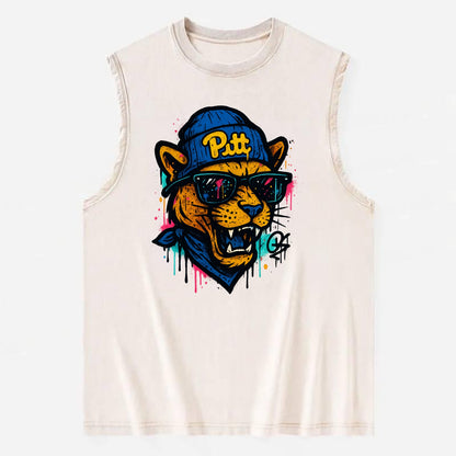 Pittsburgh Panther wearing Pitt beanie with script patch - Vintage Washed Tank - Beige