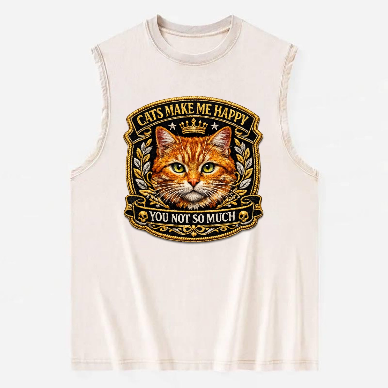CATS MAKE ME HAPPY YOU NOT SO MUCH - cat face in orange , cat preference - Vintage Washed Tank - Beige