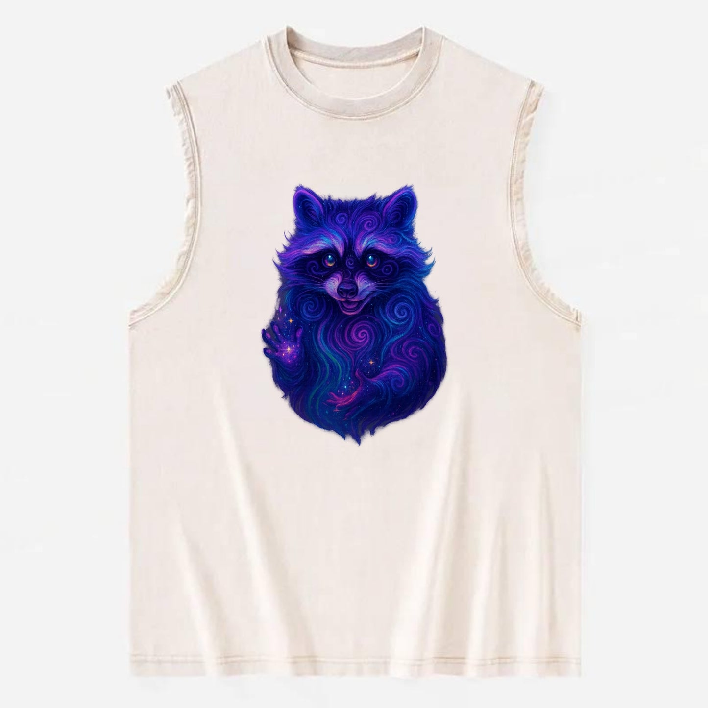 Playful raccoon with mask swirling in hypnotic patterns, neon purple and - Vintage Washed Tank - Beige