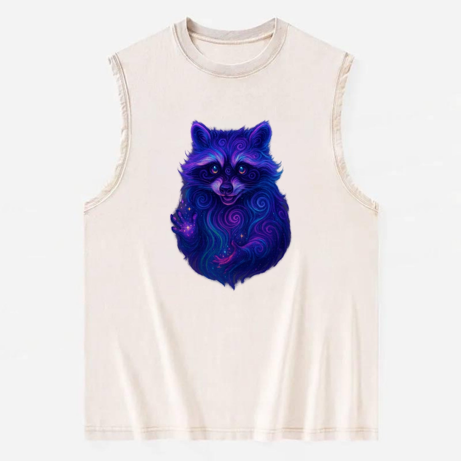 Playful raccoon with mask swirling in hypnotic patterns, neon purple and - Vintage Washed Tank - Beige