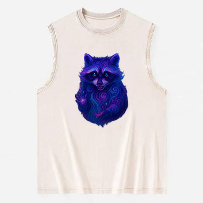 Playful raccoon with mask swirling in hypnotic patterns, neon purple and - Vintage Washed Tank - Beige