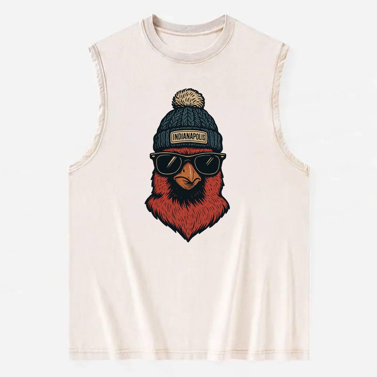 Indiana Cardinal wearing Indianapolis beanie with pom pom and wayfarer - Vintage Washed Tank - Beige