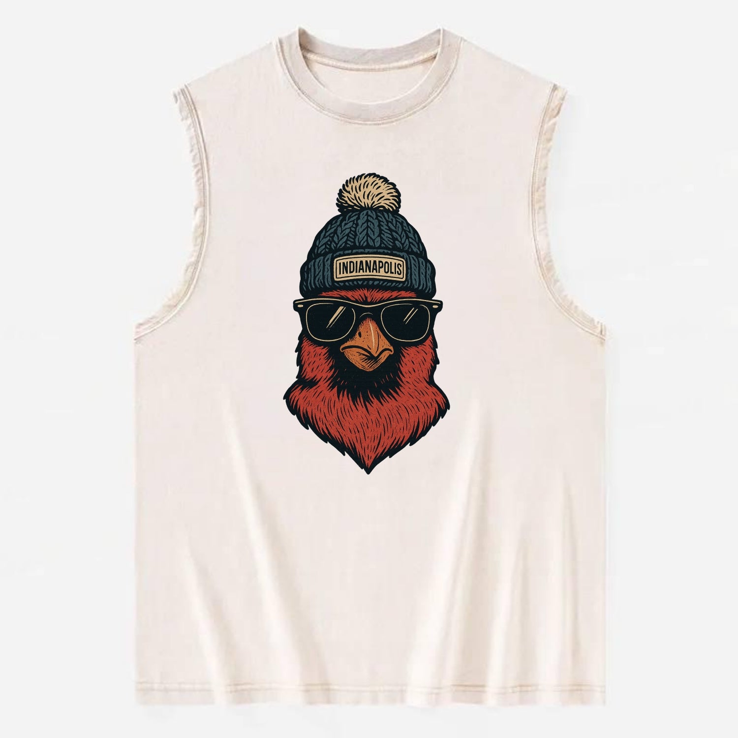 Indiana Cardinal wearing Indianapolis beanie with pom pom and wayfarer - Vintage Washed Tank - Beige