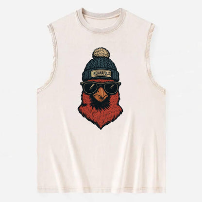 Indiana Cardinal wearing Indianapolis beanie with pom pom and wayfarer - Vintage Washed Tank - Beige