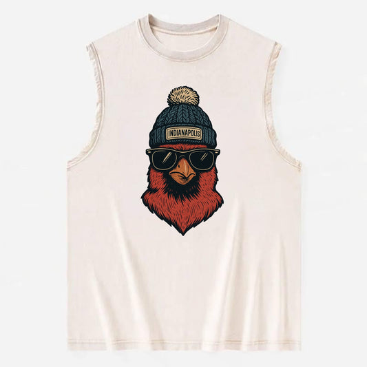 Indiana Cardinal wearing Indianapolis beanie with pom pom and wayfarer - Vintage Washed Tank - Beige