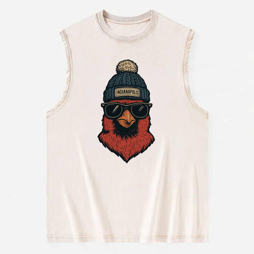 Indiana Cardinal wearing Indianapolis beanie with pom pom and wayfarer - Vintage Washed Tank