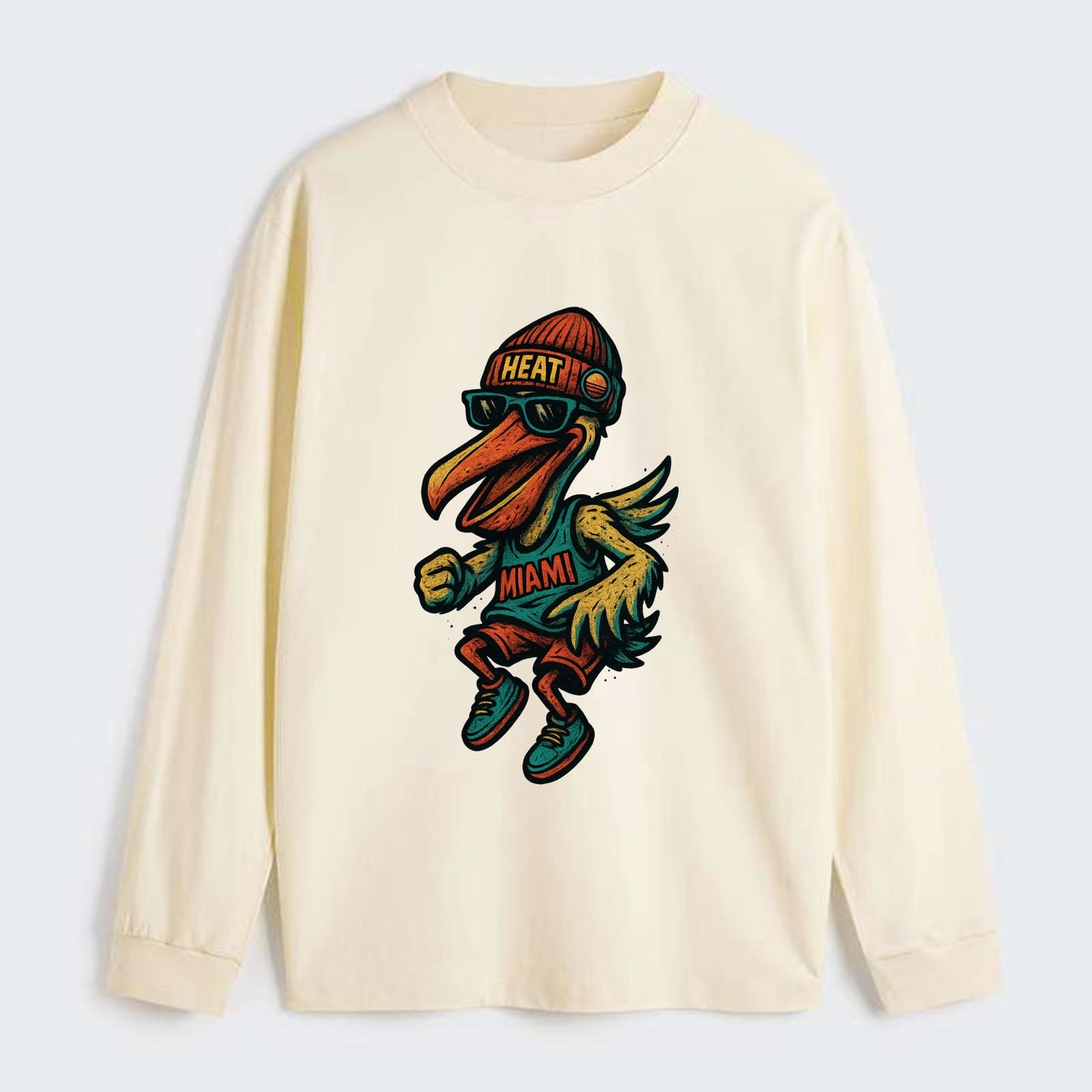 Miami Pelican wearing Heat beanie with sunset patch and wayfarer - Classic Long Sleeve Shirt - Beige