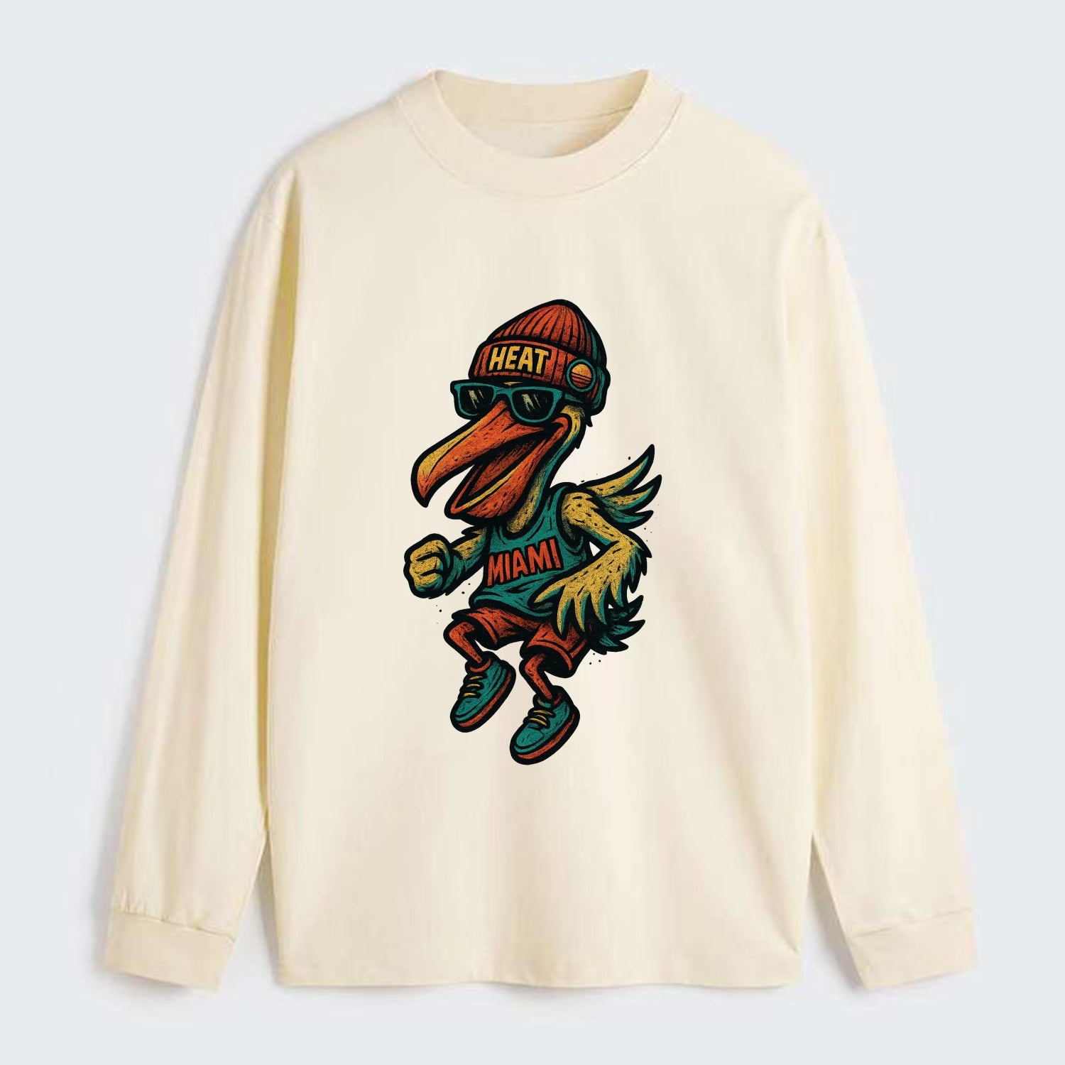 Miami Pelican wearing Heat beanie with sunset patch and wayfarer - Classic Long Sleeve Shirt - Beige