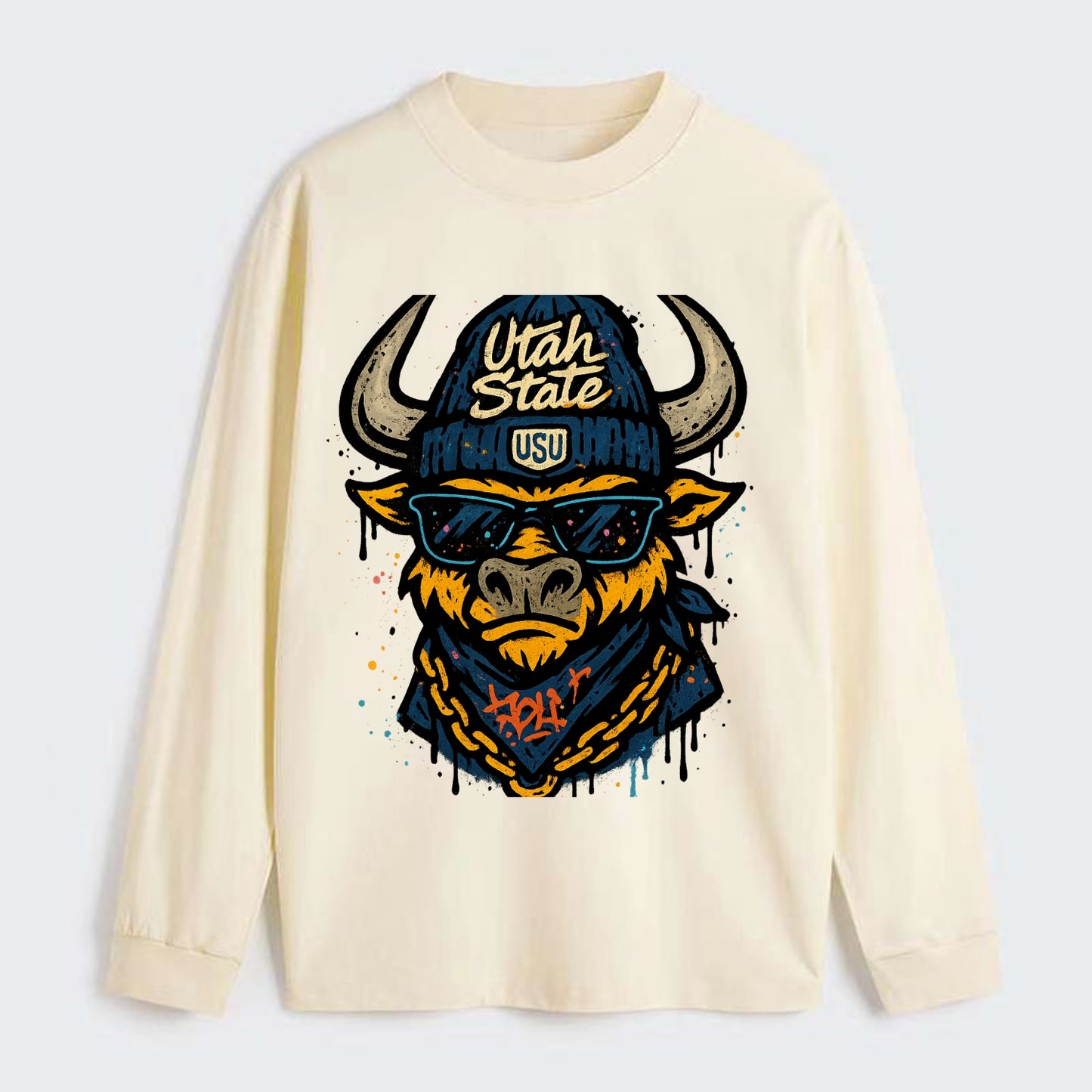 Logan Aggie wearing Utah State beanie with USU patch - Classic Long Sleeve Shirt - Beige