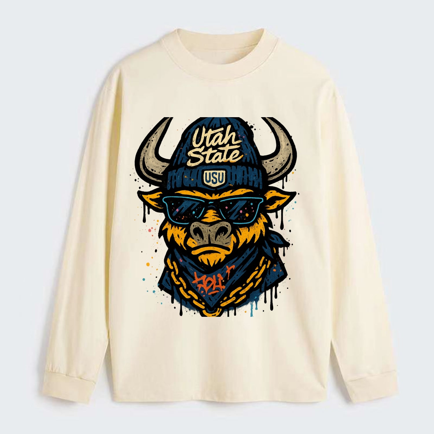 Logan Aggie wearing Utah State beanie with USU patch - Classic Long Sleeve Shirt - Beige