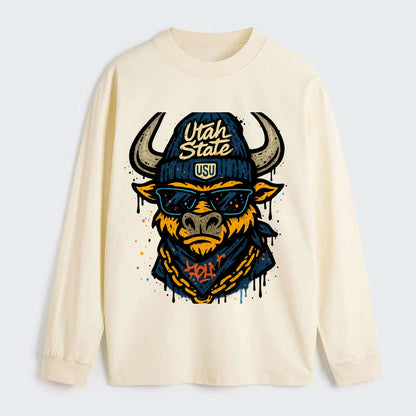 Logan Aggie wearing Utah State beanie with USU patch - Classic Long Sleeve Shirt - Beige