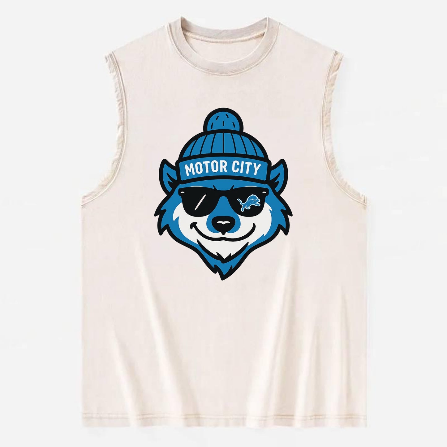 Motor City Wolverine wearing Lions beanie with gear patch and wayfarer - Vintage Washed Tank - Beige