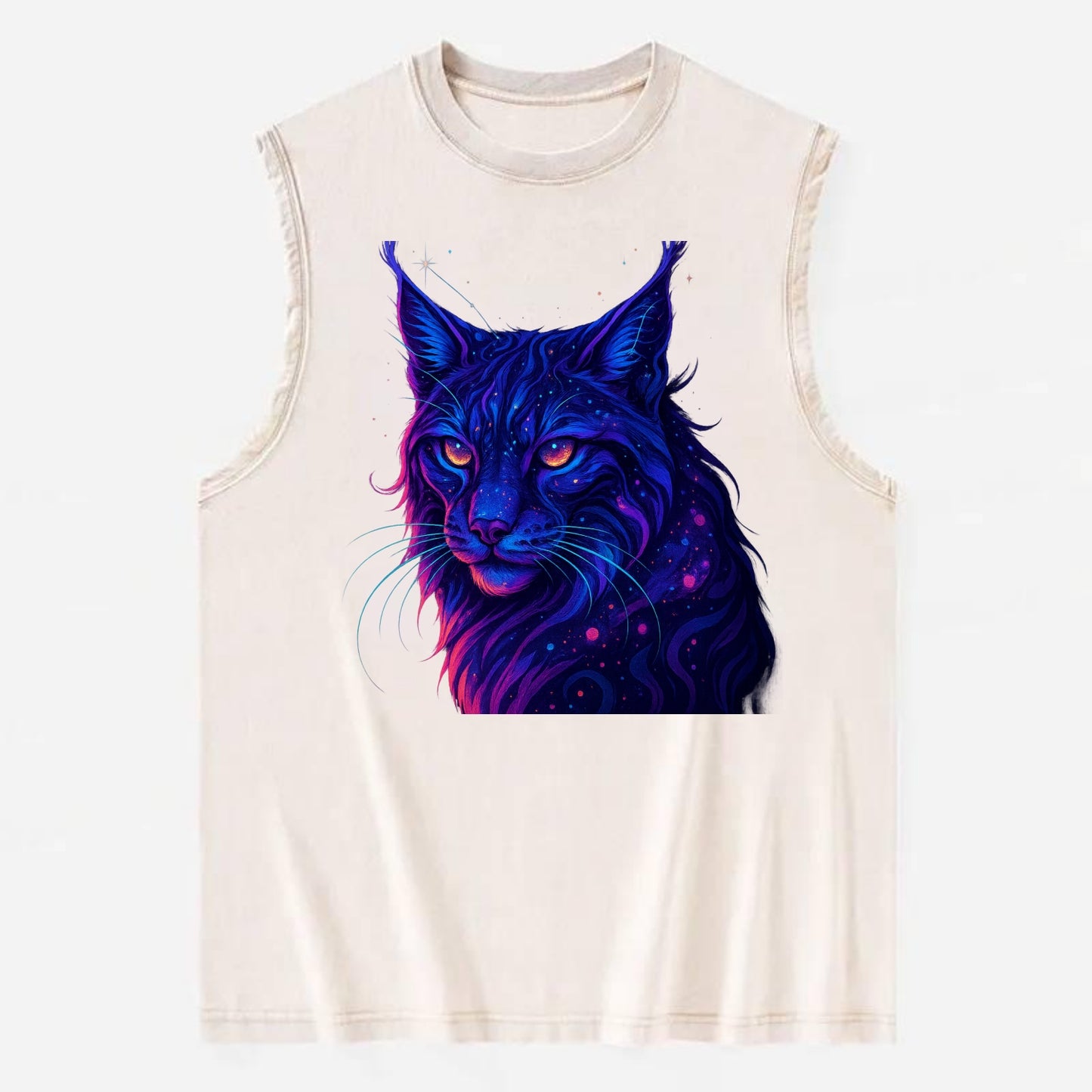 Stealthy lynx with ear tufts forming constellation patterns, nebula spots - Vintage Washed Tank - Beige