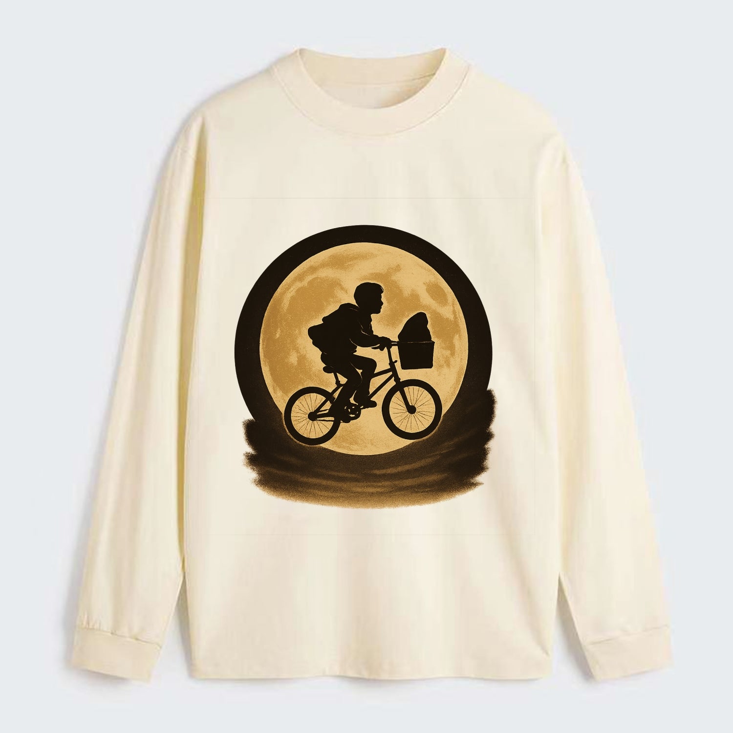 boy with bicycle flying across full moon with silhouette - Classic Long Sleeve Shirt - Beige