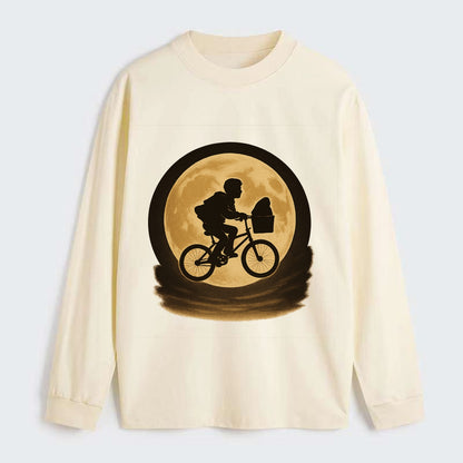 boy with bicycle flying across full moon with silhouette - Classic Long Sleeve Shirt - Beige
