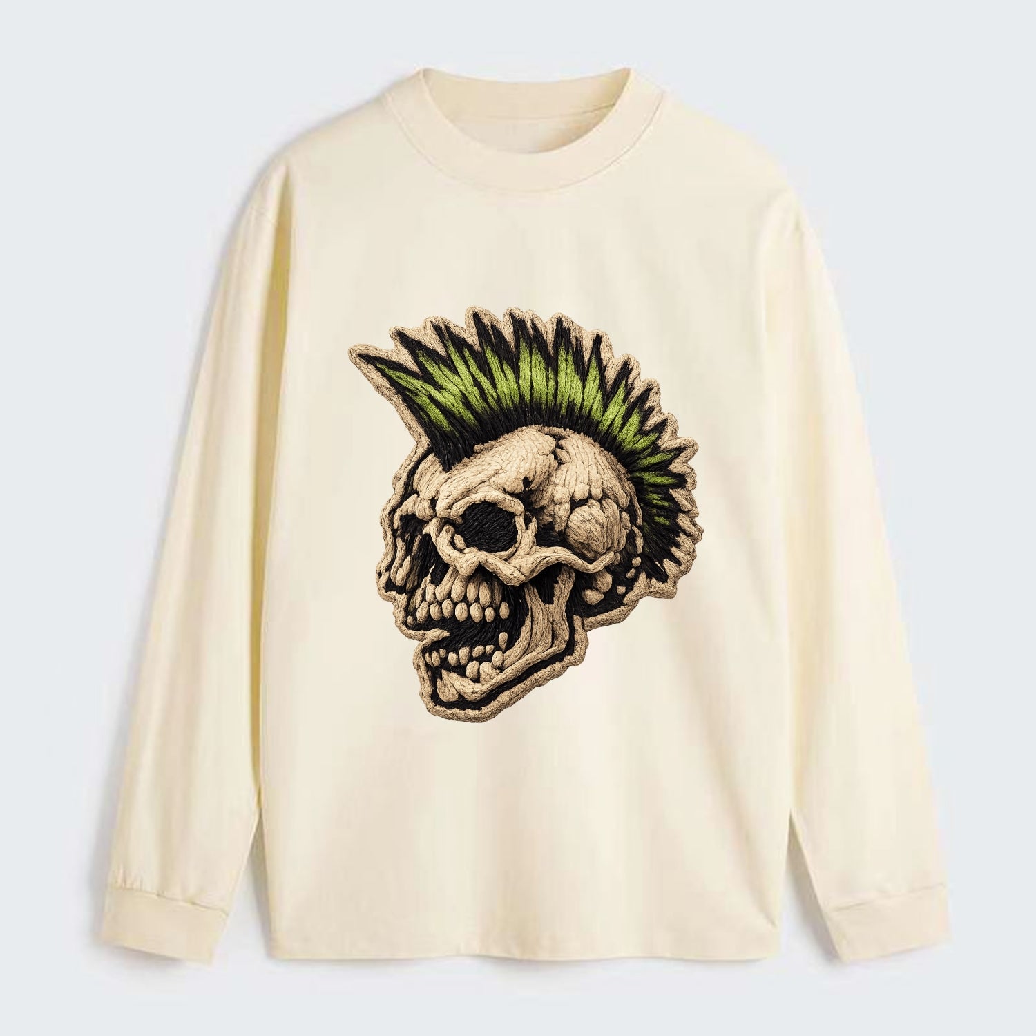 MOHAWK SKULL - punk skull with mohawk in neon green and black , punk - Classic Long Sleeve Shirt - Beige