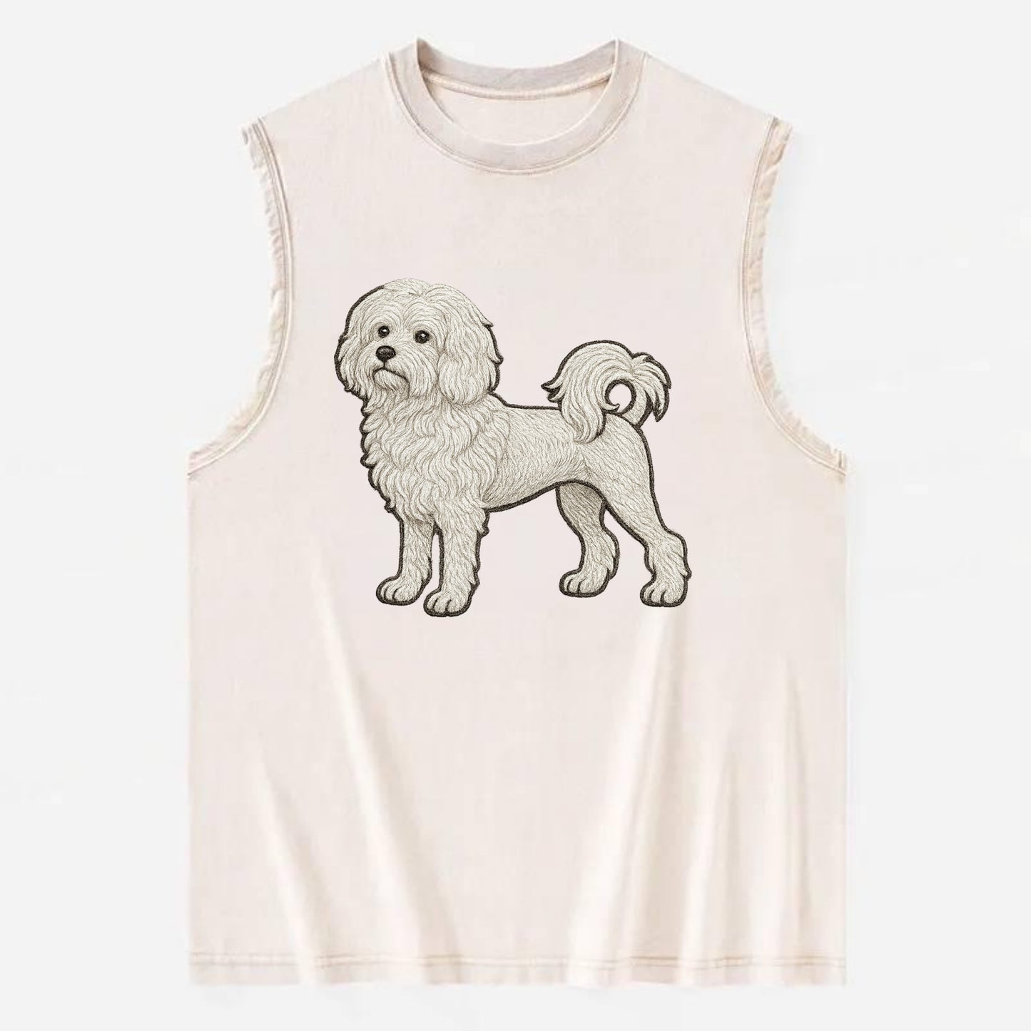 Löwchen - Little Lion Dog white embroidered pose - Vintage Washed Tank - Beige